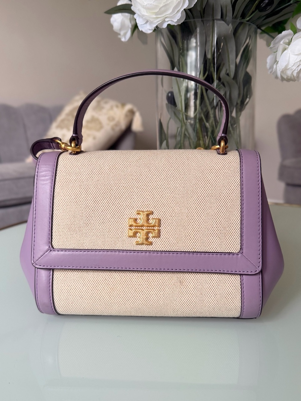 Tory Burch Lavender Leather & Cream Canvas Satchel